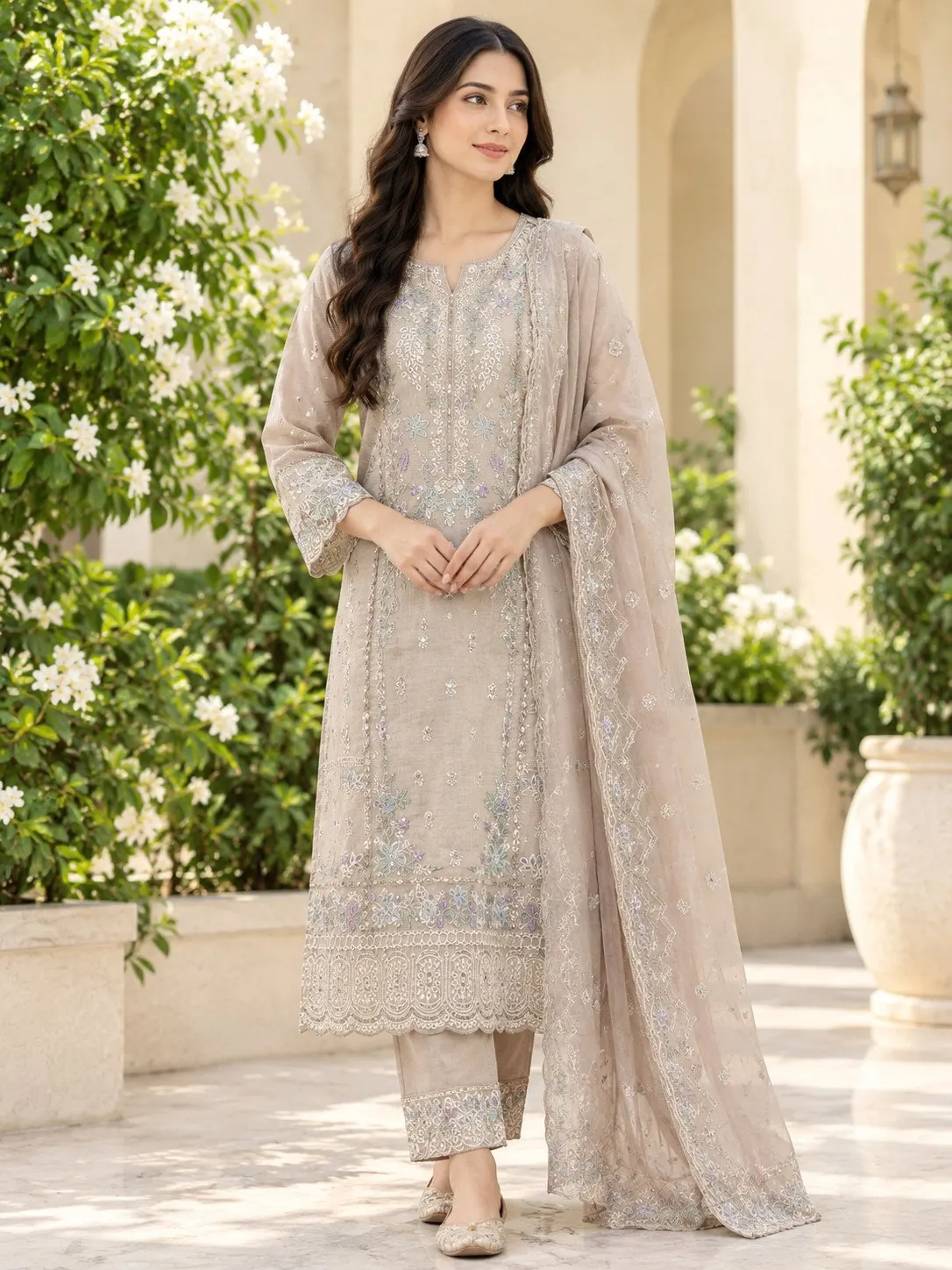 Women's Pakistani-Inspired Embroidered Anarkali 3-Piece Suit - Pearl Cream - Front View