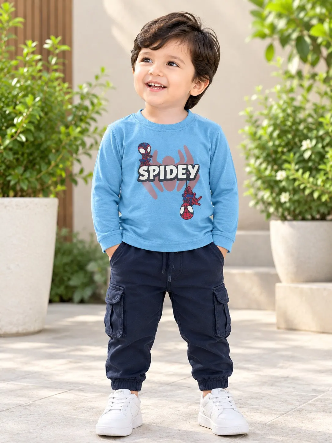 Baby Hero Spidey Graphic Full-Sleeve Sweatshirt & Cargo Joggers Set - Sky Blue - Front View