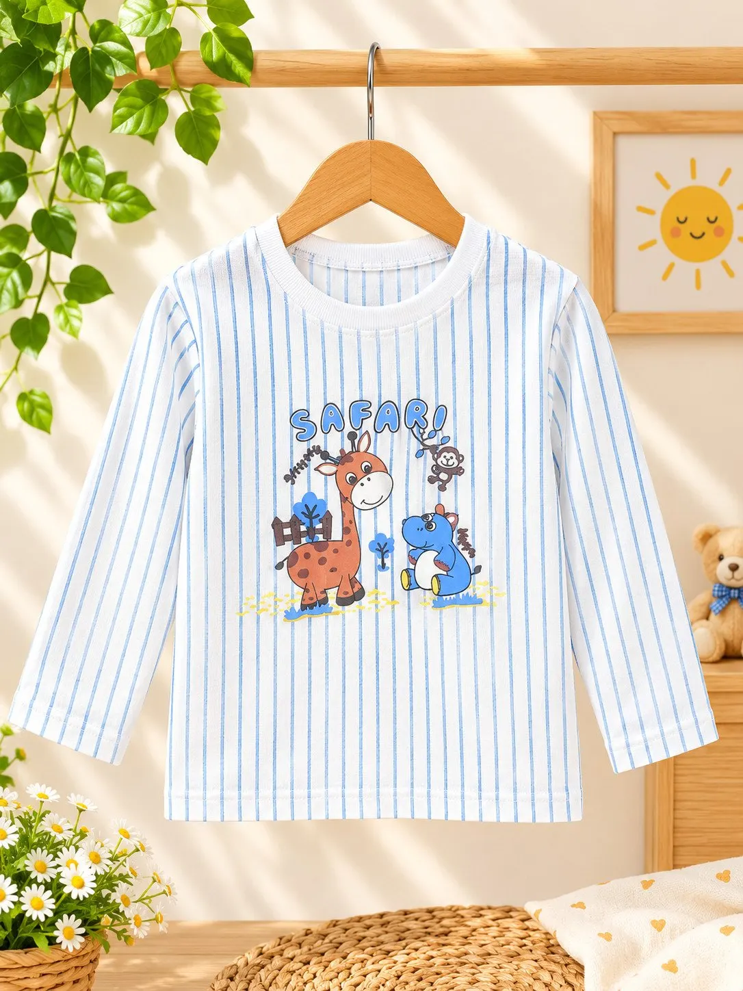 Baby Safari Striped Full-Sleeve Sweatshirt & Beige Trousers Set - Striped White - Front View