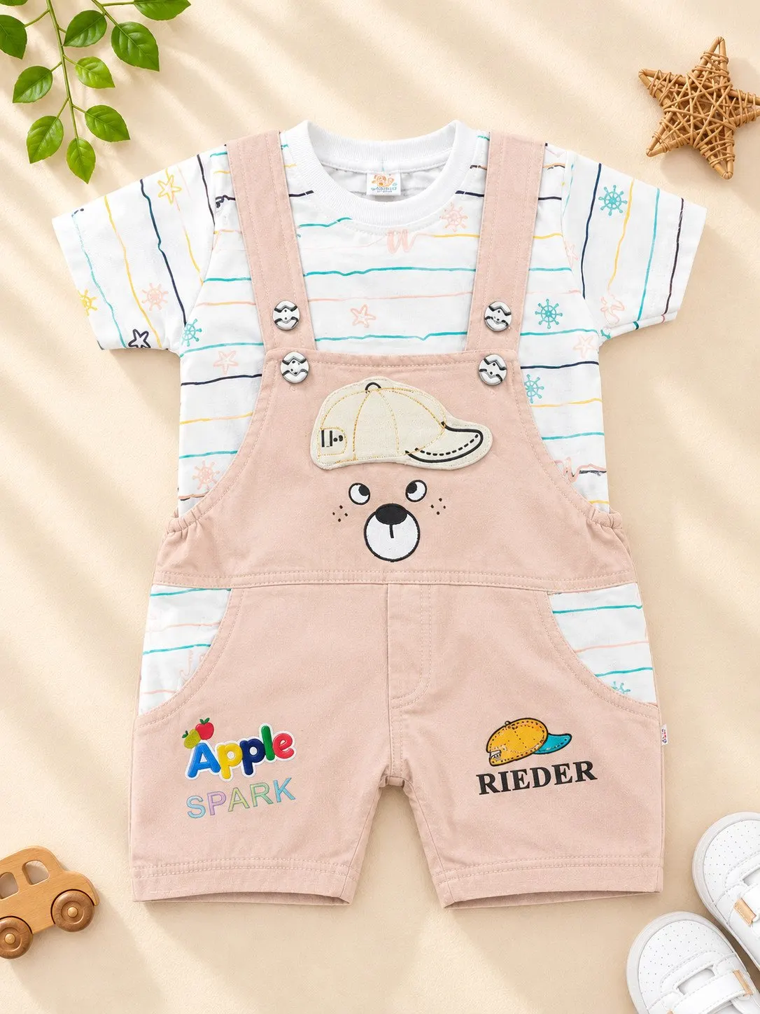 Baby Teddy Bear Football Embroidered Suspender Romper Set - Light Pink (1Y-2Y) - Front View