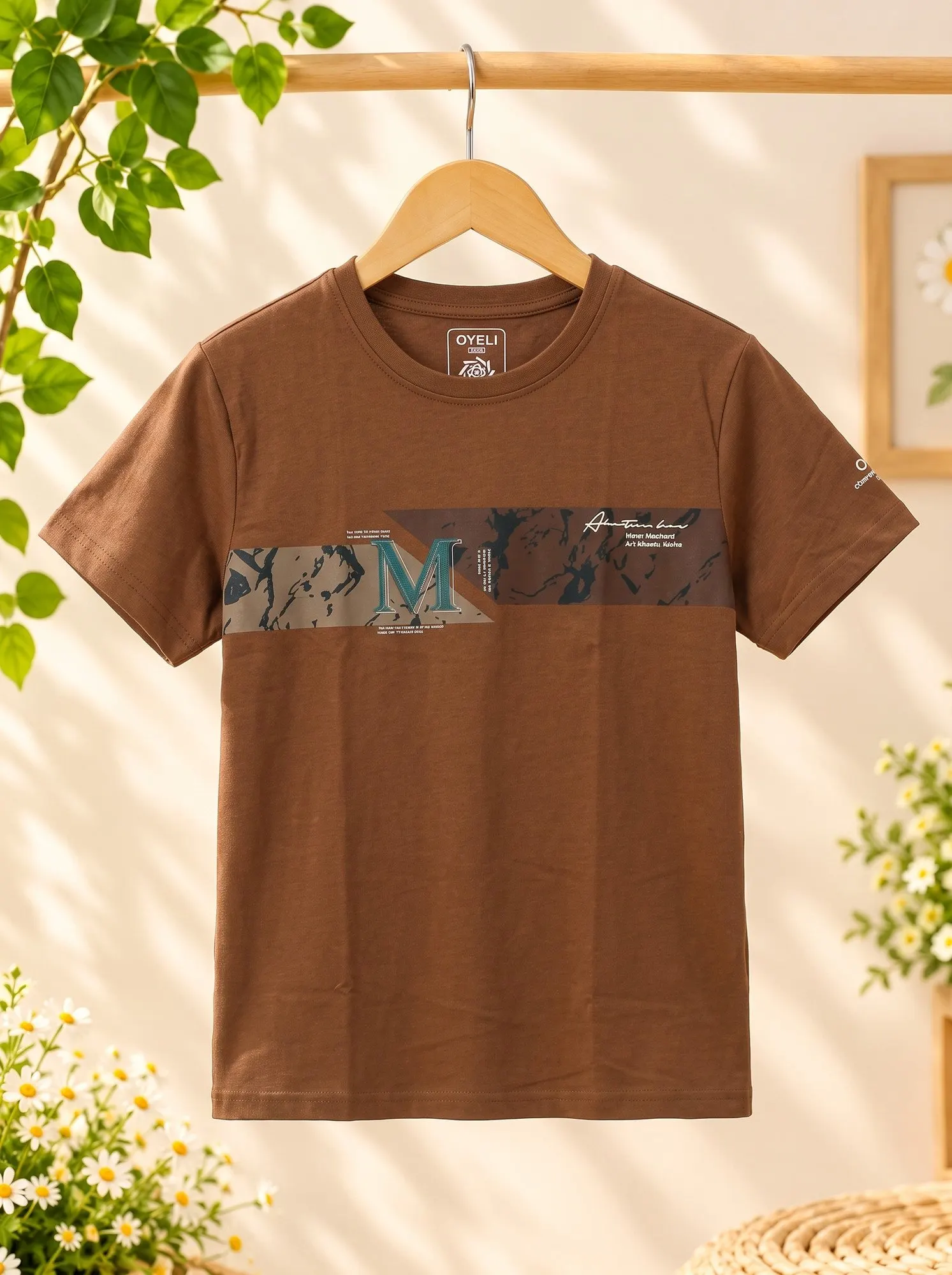 Men's Varsity 'M' Typography Cotton T-Shirt - Warm Chestnut Brown - Front View