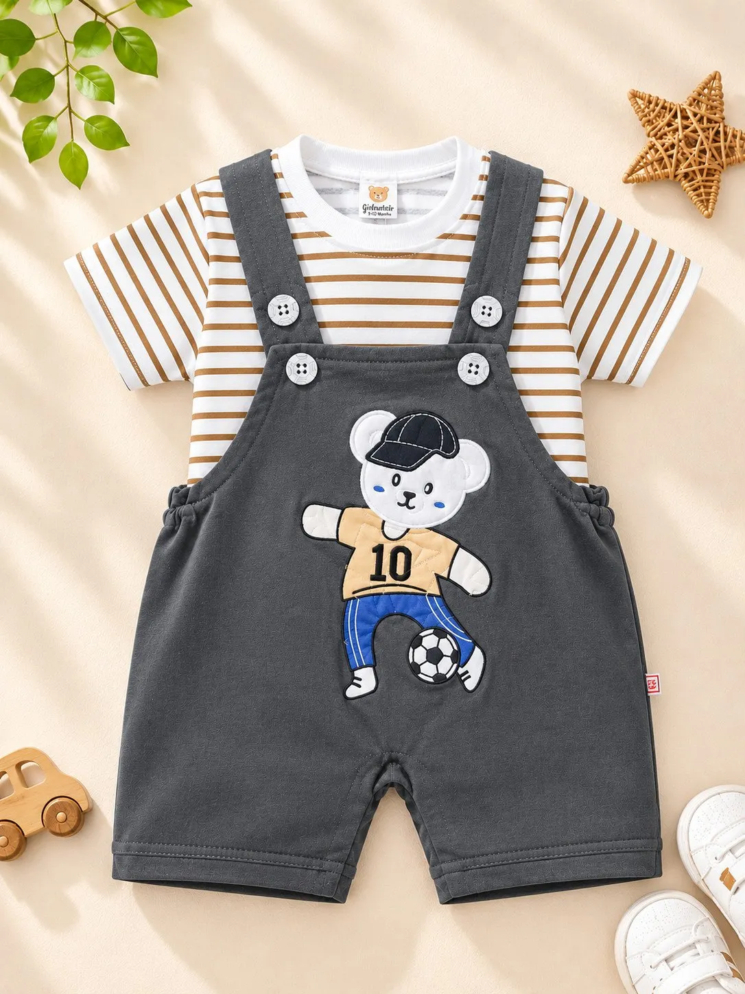 Baby Teddy Bear Football Embroidered Overall Romper Set - Heather Grey (6M-12M) - Front View