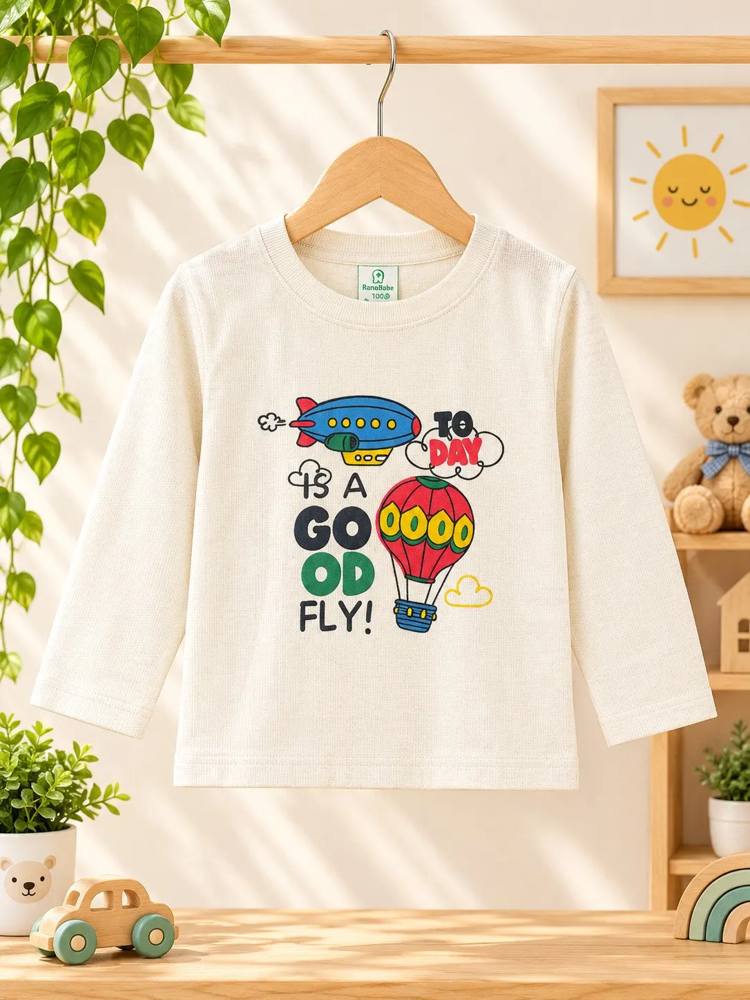 Baby 'Good Day To Fly' Aviator Full-Sleeve Sweatshirt & Navy Joggers Set - Off-White - Front View