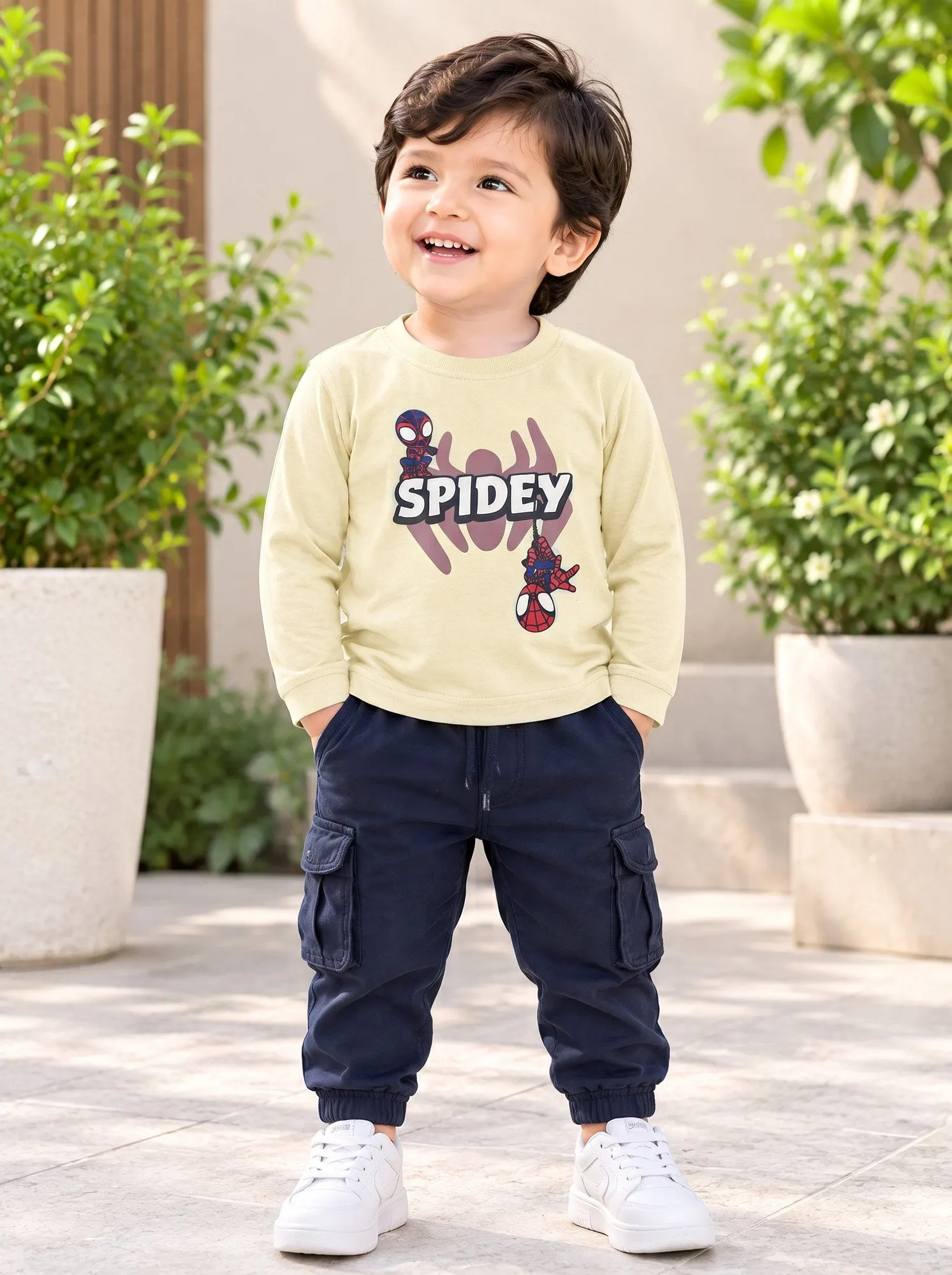 Baby Adventure Bear Full-Sleeve Sweatshirt & Khaki Joggers Set - Bright Yellow - Front View