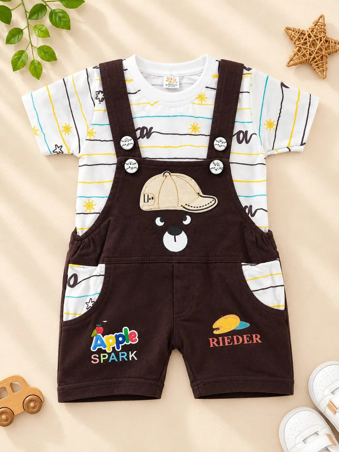 Baby Teddy Bear Football Embroidered Overall Romper Set - Dark Maroon (1Y-2Y) - Front View