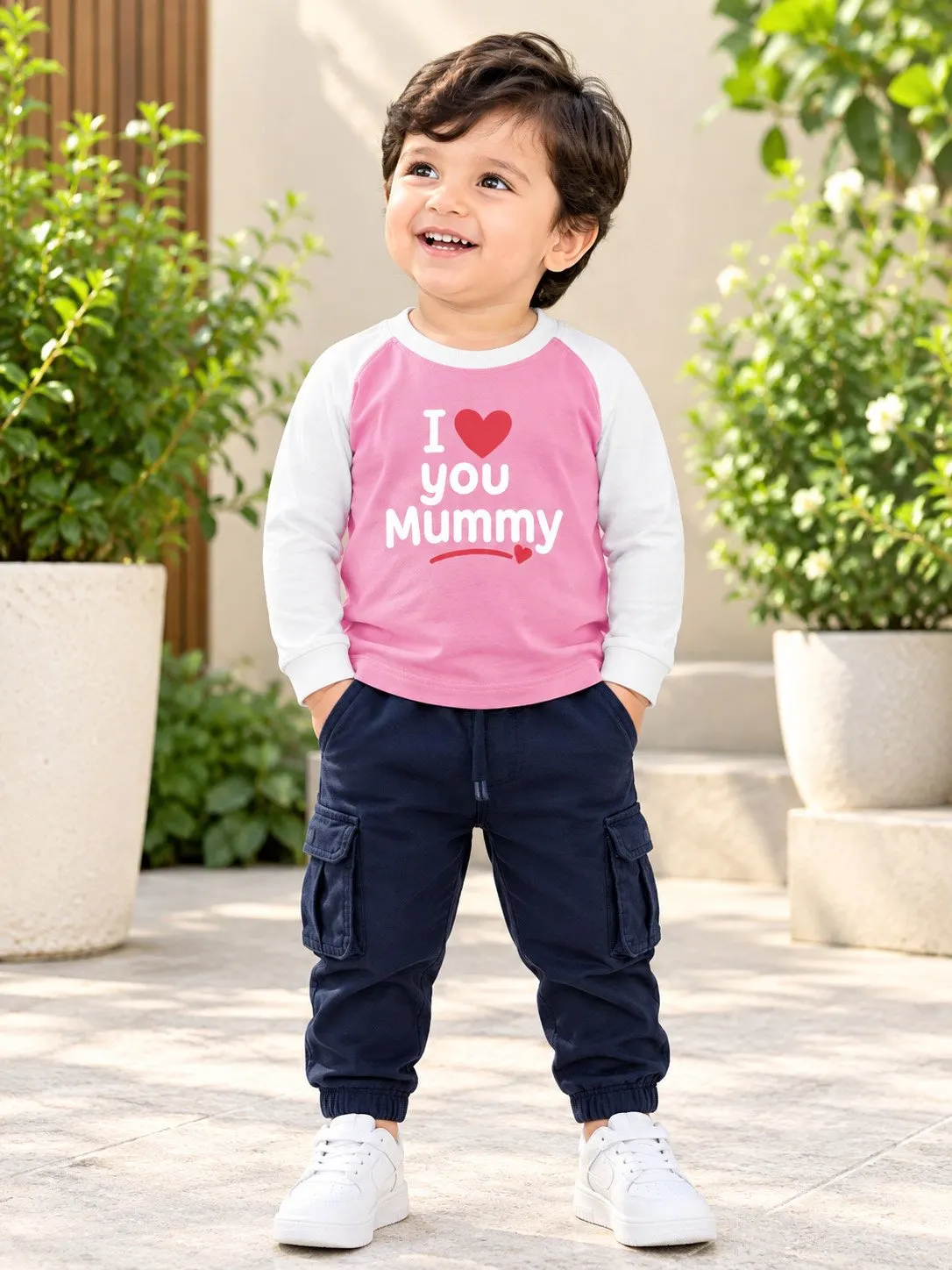 Baby 'I Love You Mummy' Raglan Full-Sleeve Sweatshirt & Joggers Set - Soft Pink - Front View