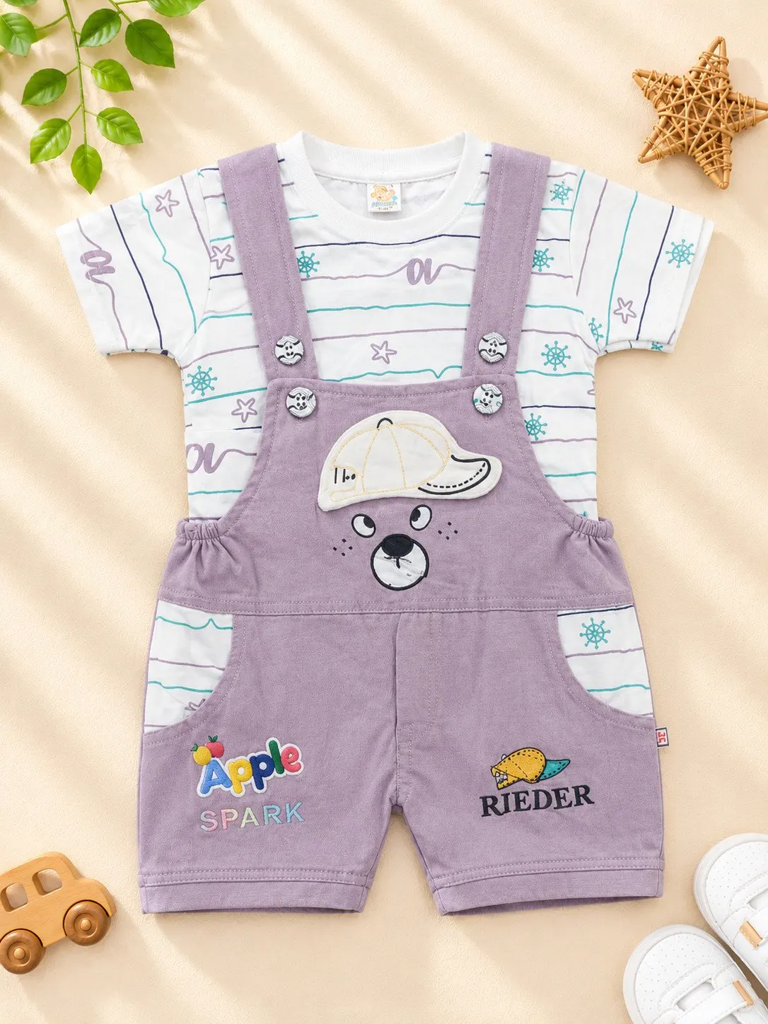 Baby Apple Spark Teddy Bear Embroidered Romper Overalls Set - Light Lavender (1Y-2Y) - Front View