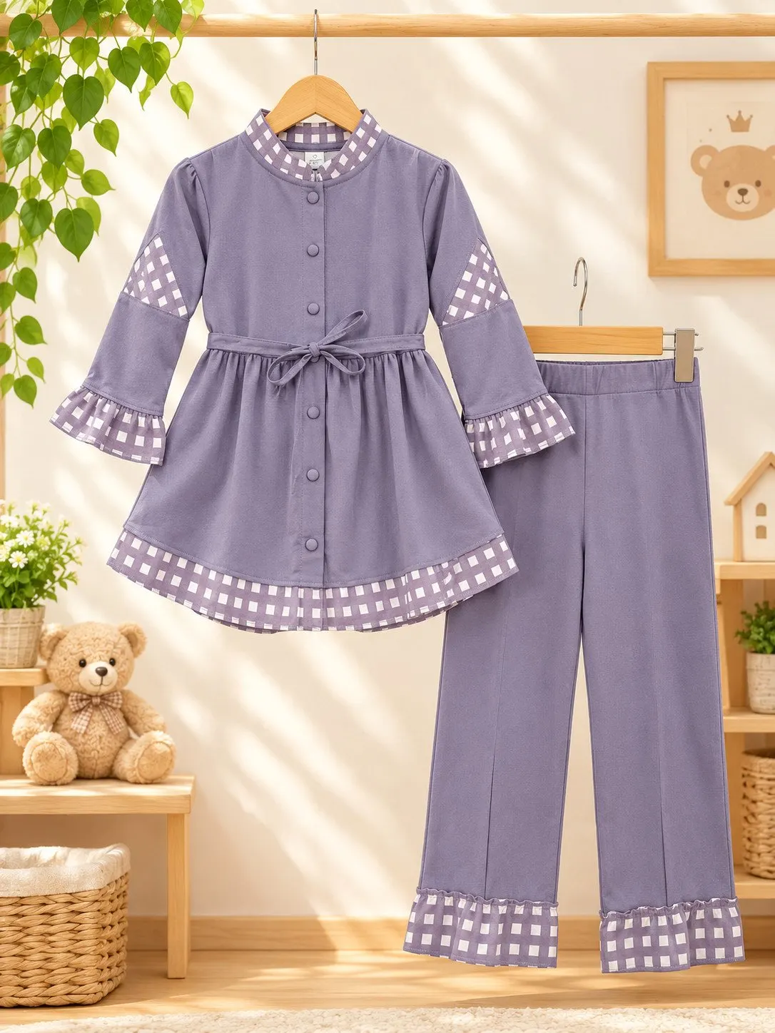 Girls' Gingham Check Peplum Princess Co-Ord Set - Lavender Purple - Front View