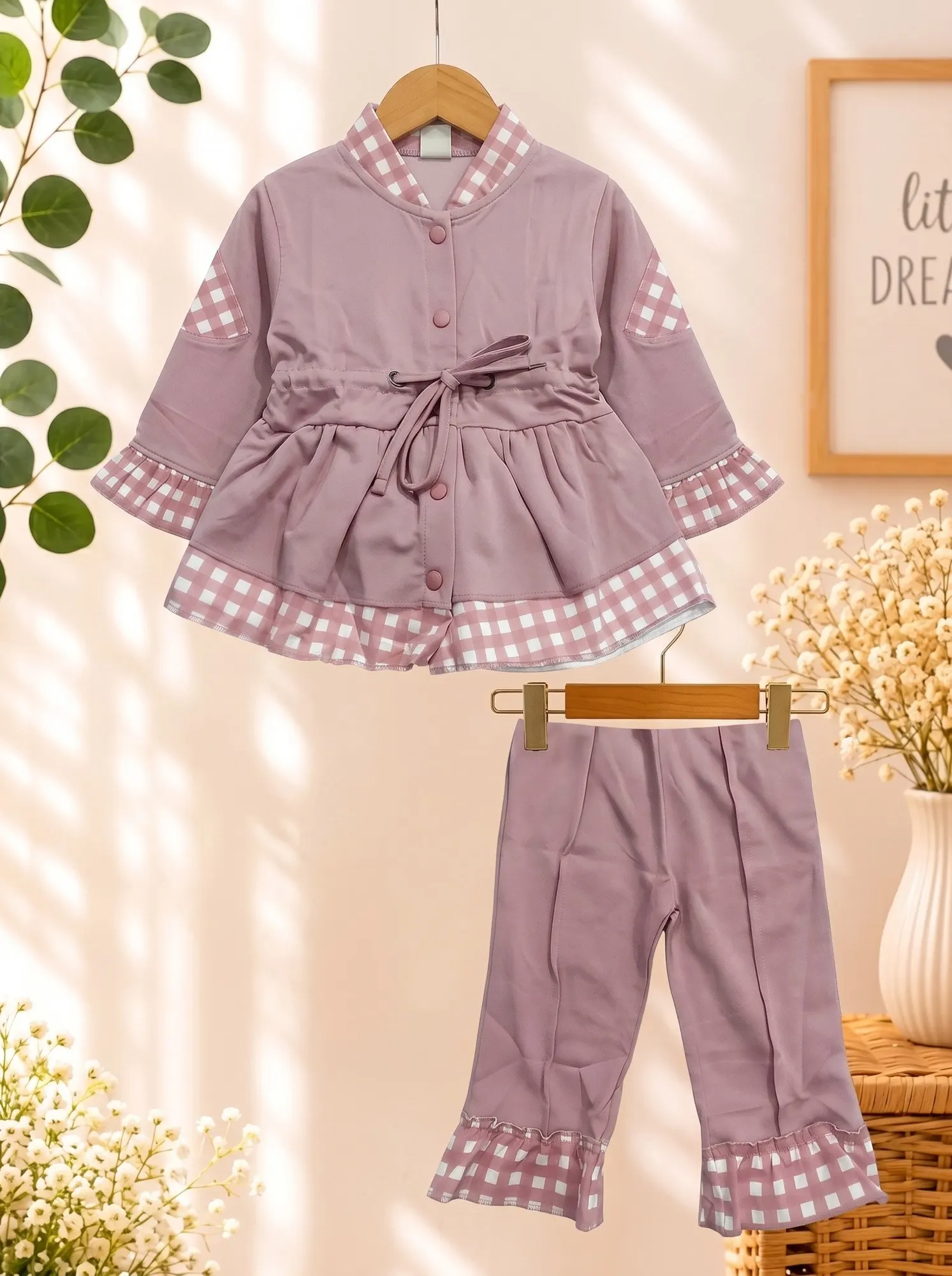 Girls' Ruffled Gingham Princess Co-Ord Set - Sweet Rose Pink - Front View