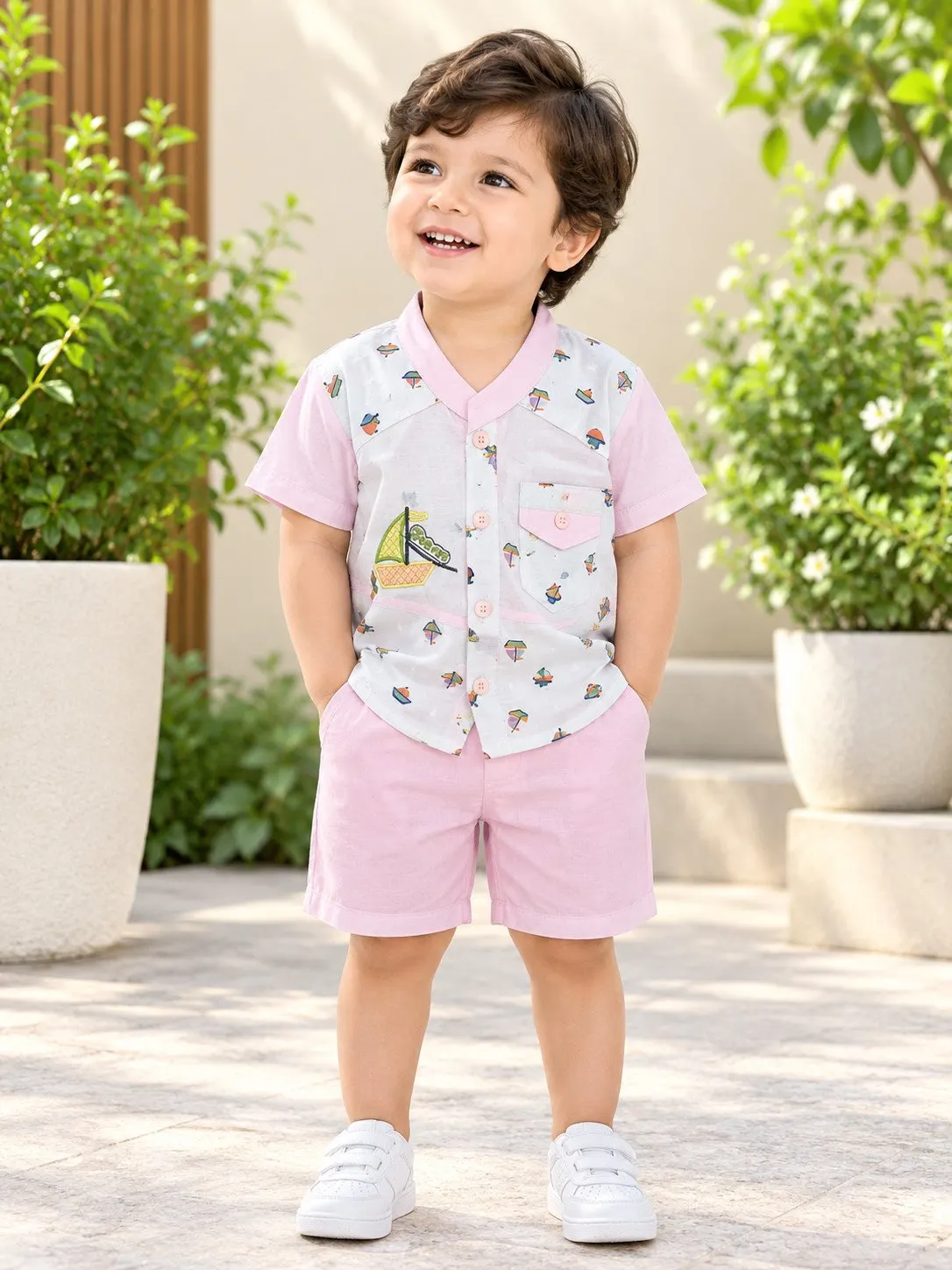 Baby Nautical Sailboat Print Shirt & Shorts Set - Pastel Pink - Front View