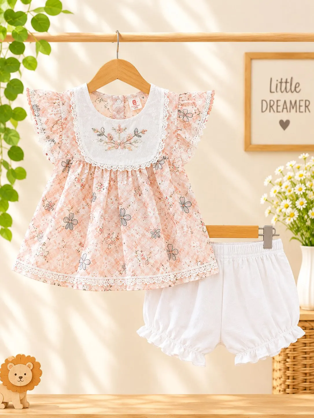 Baby Girls' Peplum Ruffled Frock & Bloomer Set - Light Peach - Front View