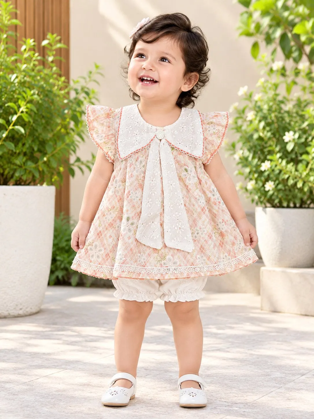 Baby Girls' Floral Lace Empire Frock Dress - Creamy Peach (0M-6M) - Front View