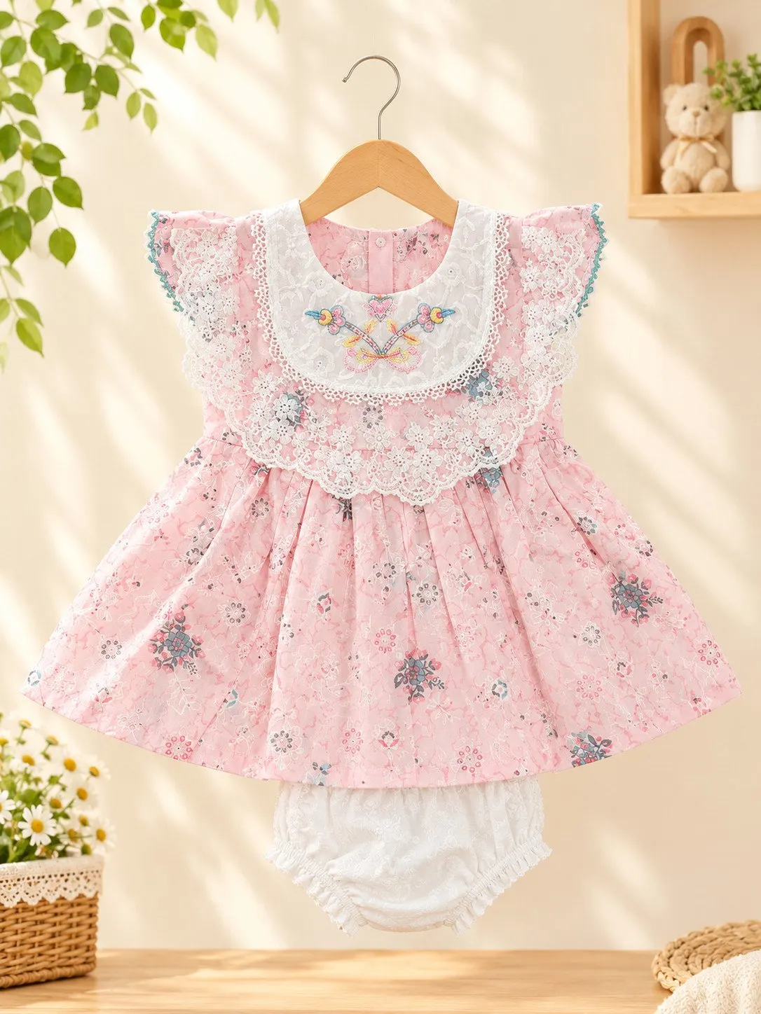 Baby Girls' Floral Lace Tiered Party Frock Set - Soft Pink - Front View