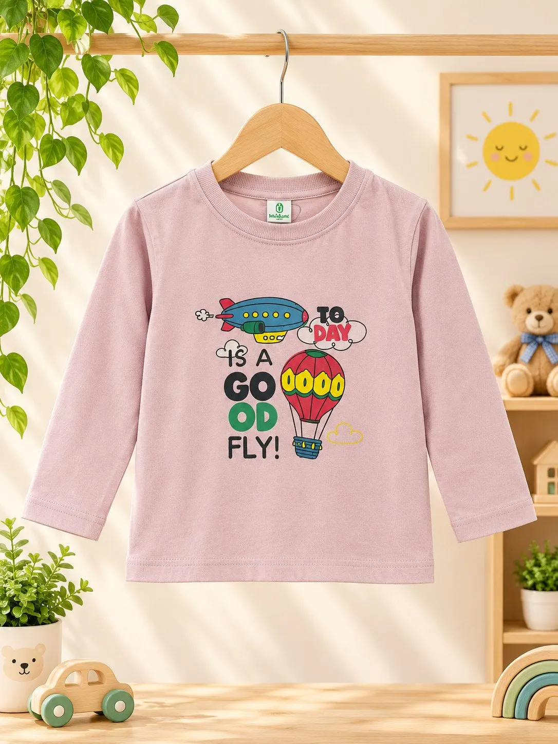 Baby 'Good Day To Fly' Aviator Full-Sleeve Sweatshirt & Khaki Joggers Set - Soft Pink - Front View