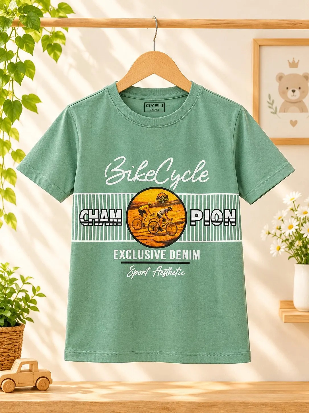 Boys' Bicycle Champion Sports Graphic Cotton T-Shirt - Sage Green (2Y-12Y) - Front View
