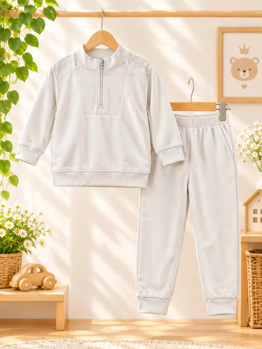 Baby Plush Fleece Bear Ears Hooded Winter Pram Suit - Pure White - Front View