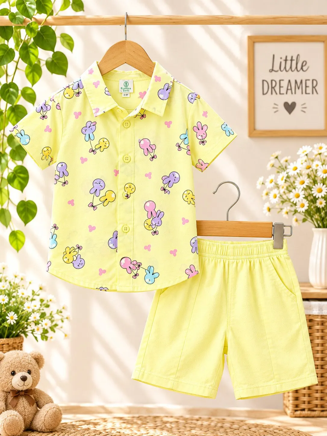 Baby Flutter Butterfly Print Button-Up Shirt & Shorts Set - Sunny Yellow (0M-6M) - Front View