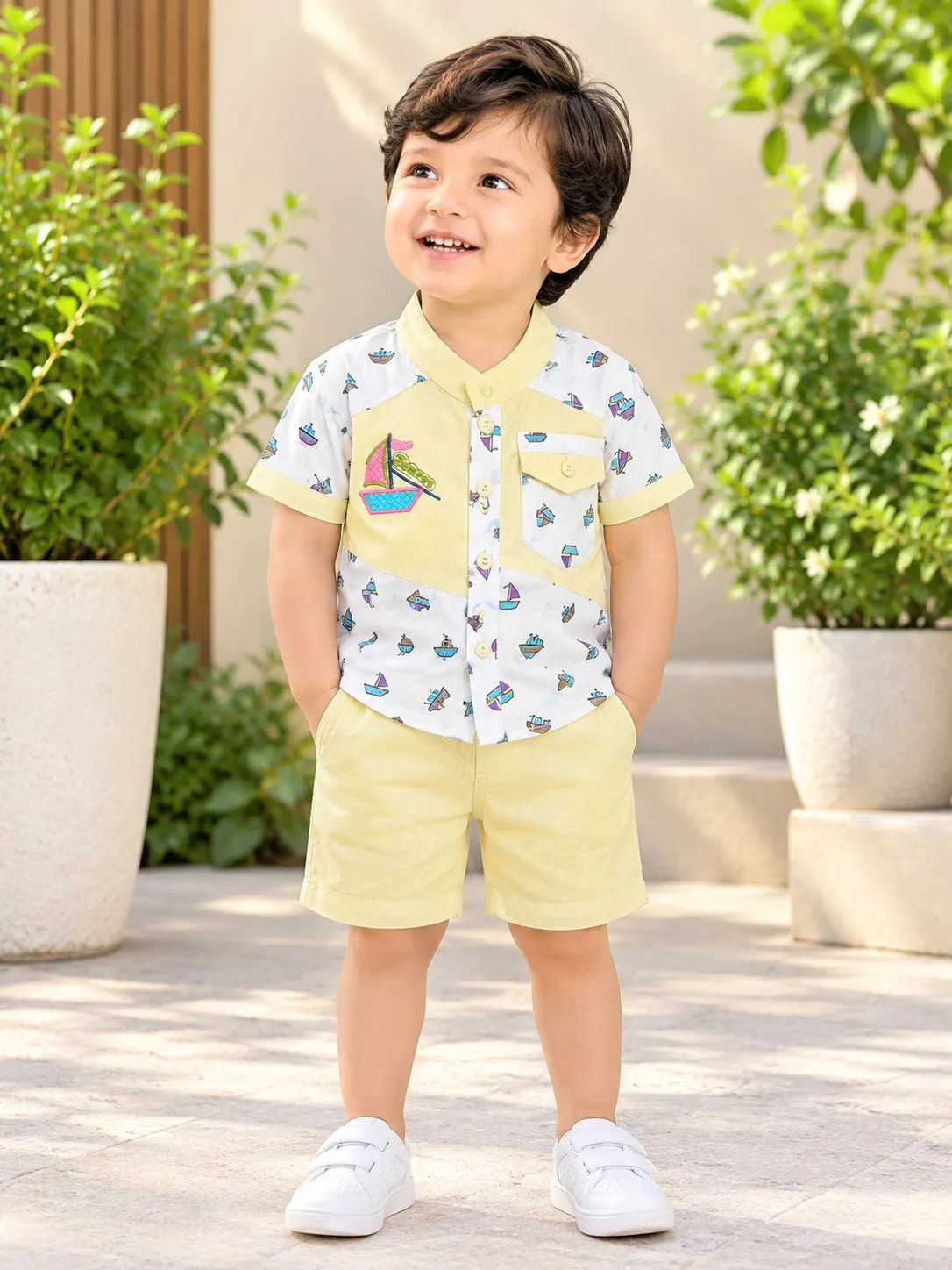 Baby Nautical Anchor & Compass Print Shirt & Shorts Set - Sunshine Yellow - Front View